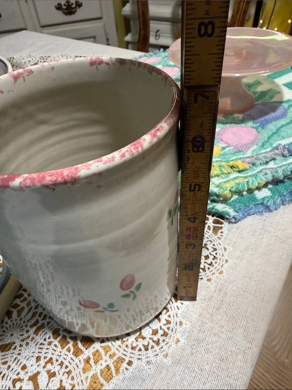 Vintage stoneware crock Utensil Holder cottagecore  Floral pink sponge-ware